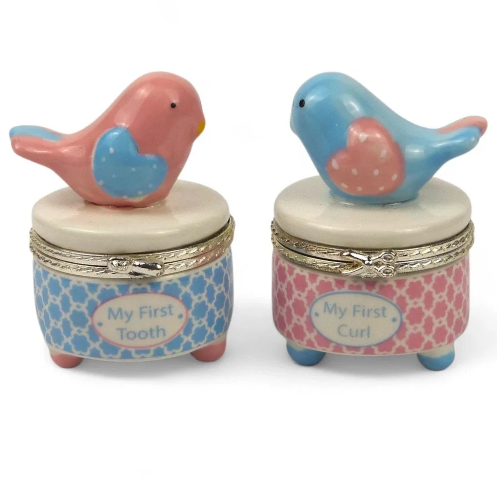 Mud Pie My First Tooth and Curl Keepsake Set Ceramic Bird Baby Trinket Box Pink